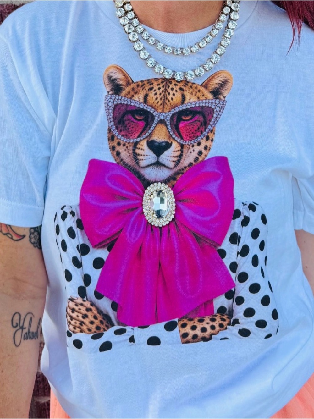 Kids White Graphic Tee with Pink Bow Leopard Design